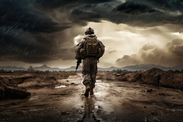 Soldado militar do deserto caminhando com armas na mão durante a tempestade