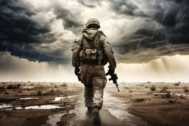 Soldado militar do deserto caminhando com armas na mão durante a tempestade