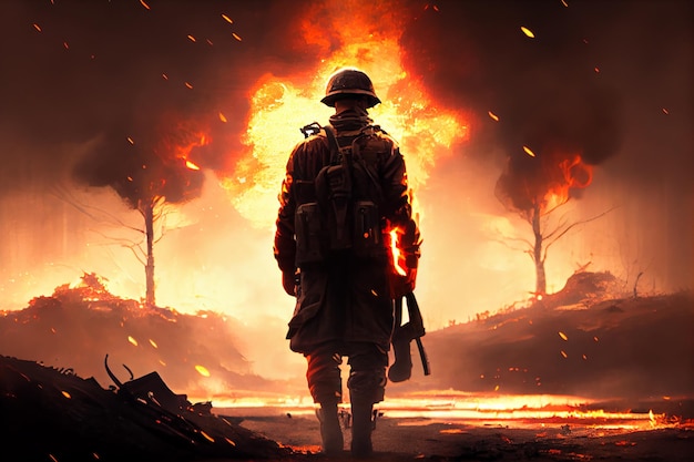 Un soldado mirando un campo de batalla en llamas IA generativa