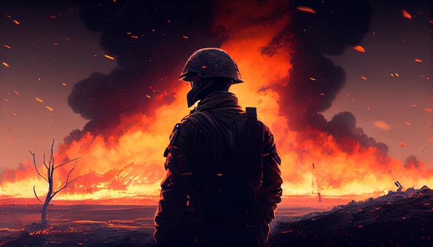 Un soldado mirando un campo de batalla en llamas IA generativa