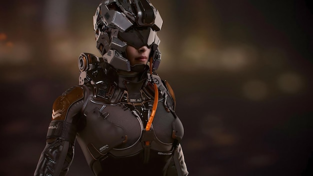 Soldado mujer futurista en armadura cyberpunk