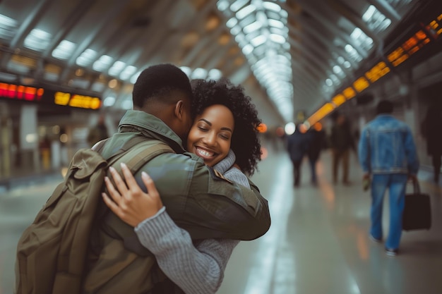 Foto soldado negro en uniforme caqui con mochila abrazando a su esposa o novia en la estación de tren