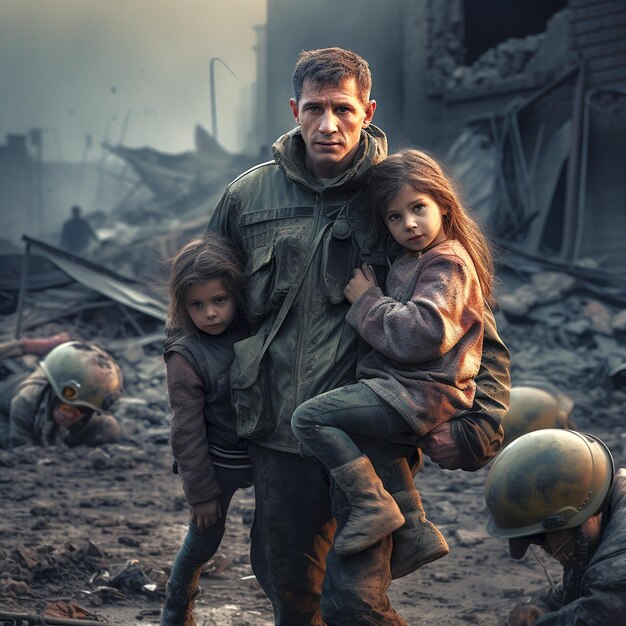 Soldado con niños mientras camina hacia un lugar seguro lejos de la guerra