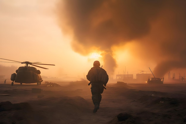 Soldado no campo de batalha contra o fundo do helicóptero de fogo e fumaça Generative AI