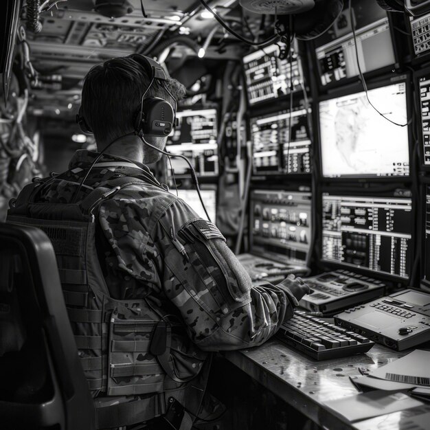 Foto soldado opera tecnología militar avanzada en un centro de mando