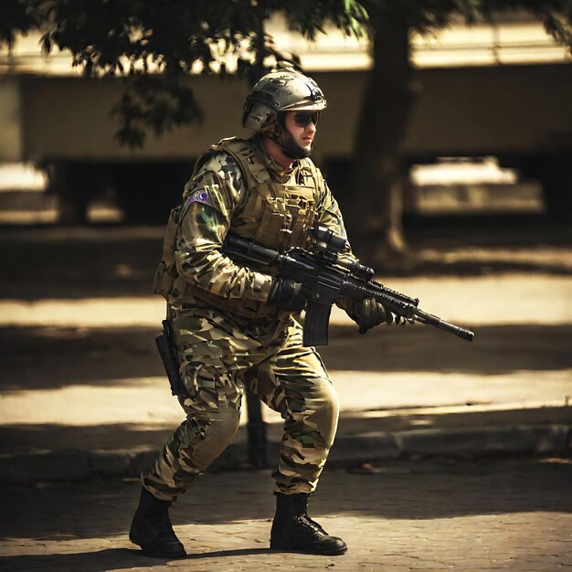 Foto un soldado con la palabra en su uniforme