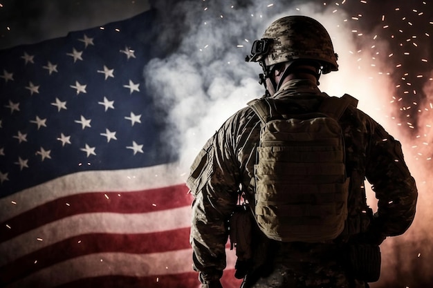 Soldado patriótico del Día de los Caídos saluda espectacular exhibición de fuegos artificiales con la bandera estadounidense