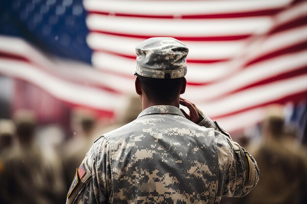 Foto soldado patriótico de estados unidos saludando al ejército de estados unidos con tropas de estados unidos irreconocibles en el fondo