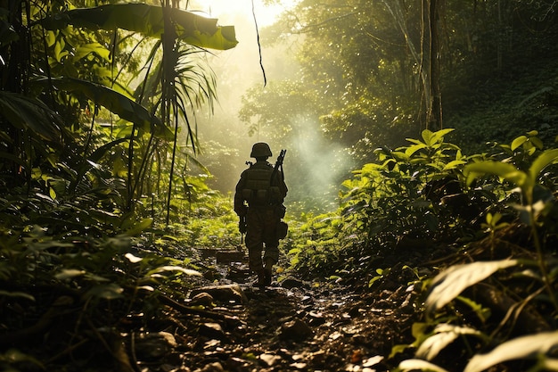 Un soldado en patrulla en una densa jungla generado por Ai