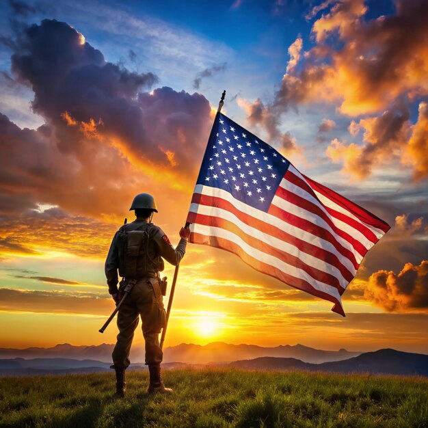 Foto un soldado de pie con la bandera estadounidense mártir