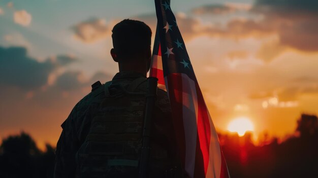 Foto soldado de pie frente a la bandera de los estados unidos al amanecer concepto para el día de la memoria día de la independencia 4 de julio día del patriota día de los veteranos ia generativa