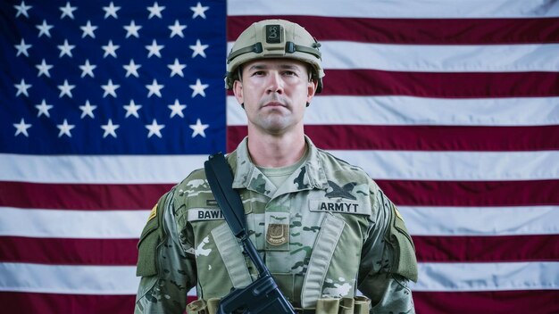 Foto un soldado está de pie frente a una bandera que dice ejército