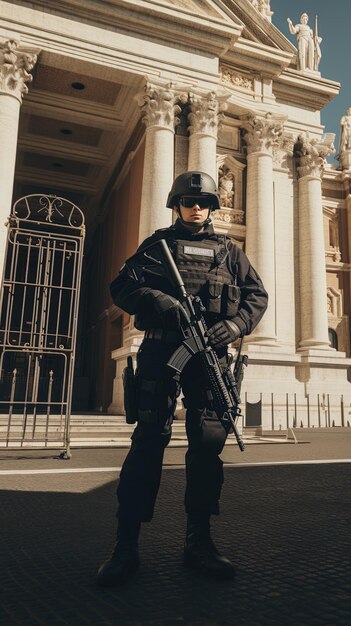 Foto un soldado está de pie frente a un edificio con un guardia en su pecho