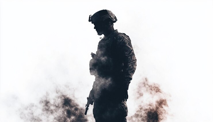 un soldado de pie frente a una nube de humo