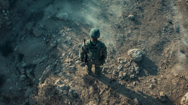 Foto un soldado de pie frente a un vehículo en llamas