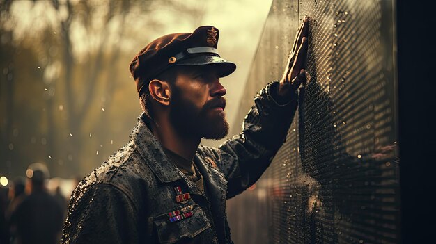 Soldado de pie junto a la pared en uniforme militar Día de Conmemoración