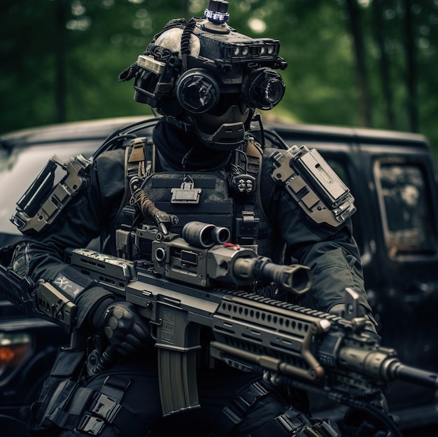 Foto un soldado con una pistola y una máscara antigás.