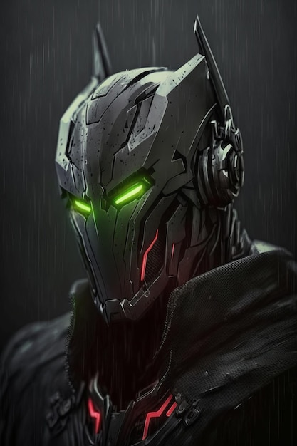 Soldado robô com olhos brilhantes na chuva IA generativa