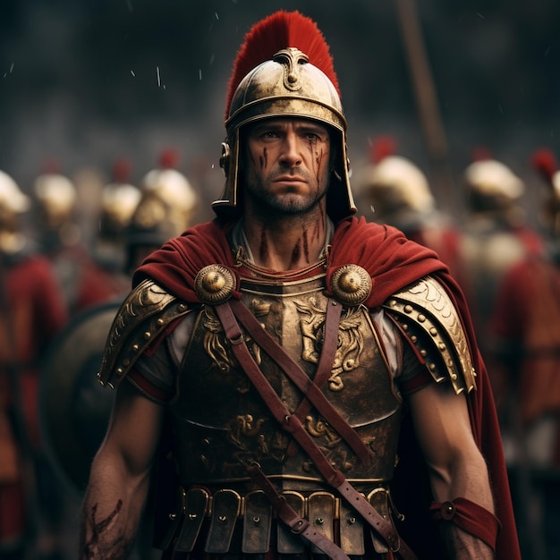 Soldado romano em armadura completa com uma capa vermelha e capacete dourado