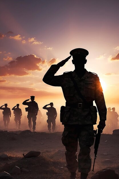 Soldado saluda a la silueta en el cielo al atardecer Guardia militar del ejército de guerra