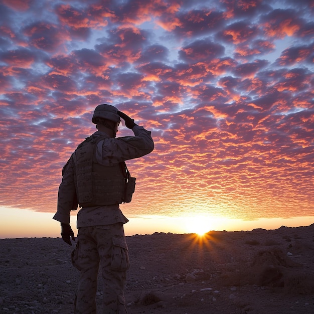 Foto soldado saludando al atardecer en afganistán