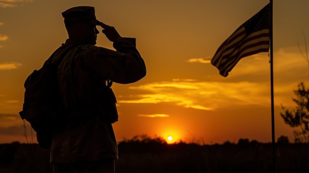 Un soldado saludando a la bandera con la puesta de sol en el fondo