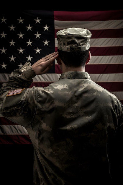 Un soldado saludando frente a una bandera.