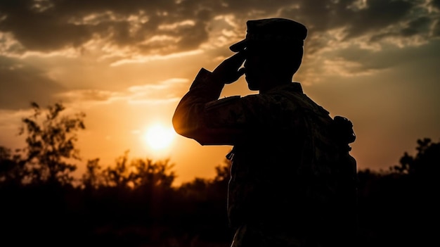 Un soldado saludando frente a una puesta de sol.