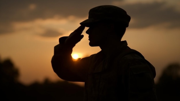 Un soldado saludando frente a una puesta de sol.