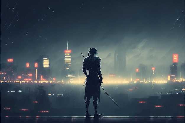 Soldado samurai ciberpunk futurista Samurai futurista de pie en un edificio en la ciudad cyberpunk en la noche lluviosa Pintura de ilustración de estilo de arte digital