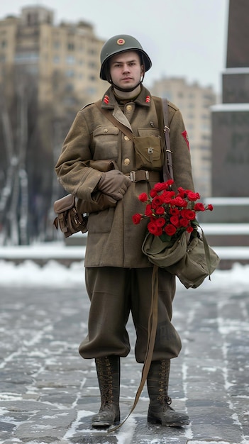 Soldado segurando rosas vermelhas no inverno Fonte urbana Momento emocional