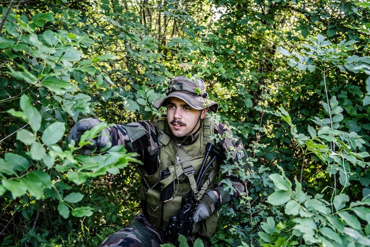 Foto soldado segurando uma arma enquanto se escondia entre as plantas