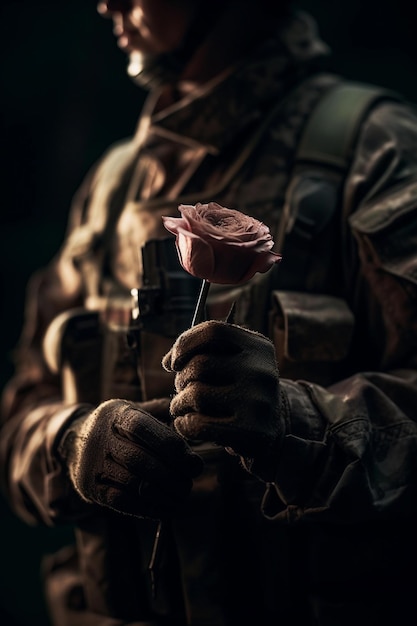 Soldado segurando uma flor em suas mãos