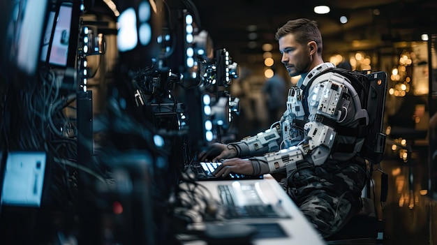 Foto soldado sério com uniforme de robô ciborgue trabalhando na sala do servidor ele está digitando no computador futurista