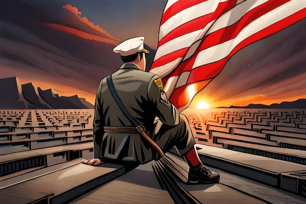 Un soldado se sienta encima de un monumento con la bandera de los Estados Unidos de América.