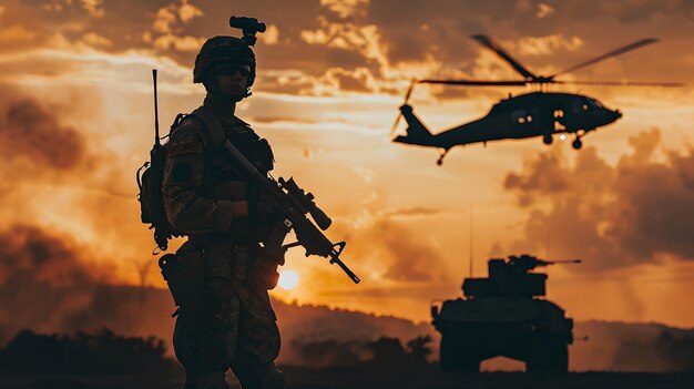 Foto soldado en silueta en primer plano con helicóptero y tanque en la escena militar del atardecer con drama y acción imagen temática de guerra de estilo profesional para creadores de contenido ai