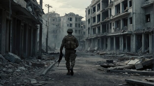Soldado solitário caminha através de uma paisagem urbana devastada e abandonada