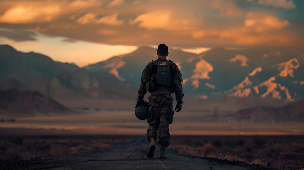 Foto soldado solitário caminhando por uma paisagem deserta ao anoitecer evocador de perseverança e solidão ideal para temas militares emocionais ai