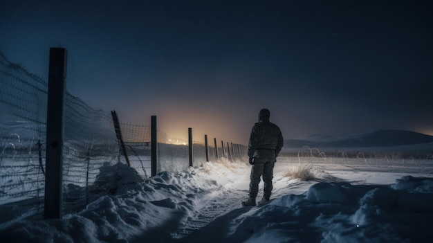 Un soldado solitario haciendo guardia en un puesto fronterizo durante una helada noche de invierno