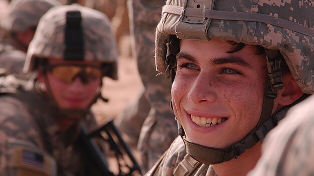 Foto soldado sonriente en la cabeza