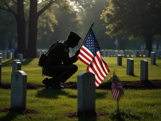 un soldado sostiene una bandera frente a un cementerio