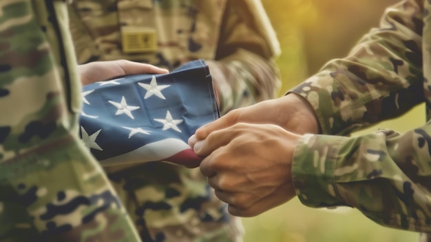 Foto un soldado sostiene una bandera que dice nuestra bandera