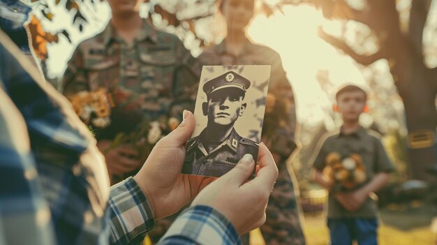 un soldado sostiene una foto de un soldado delante de él