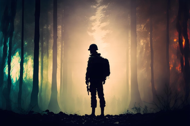 soldado sozinho após a guerra no campo de batalha, velha floresta, generativa ai