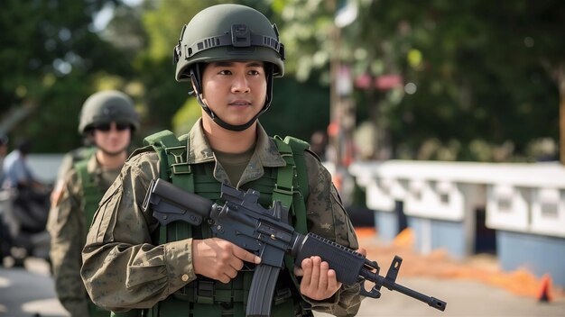 Foto soldado tailandés con un arma en uniforme del ejército