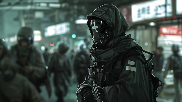 Foto un soldado con un traje de protección negra está de guardia en una ciudad oscura y lluviosa está armado con un rifle y una pistola