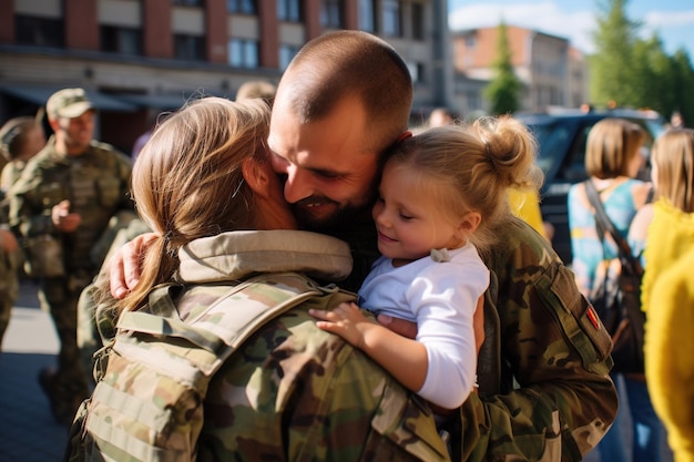 Soldado ucraniano abrazando a su esposa e hijos en su regreso a casa