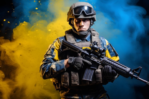 Soldado ucraniano em frente à bandeira ucraniana, rede neural de fumaça colorida gerada fotorrealista
