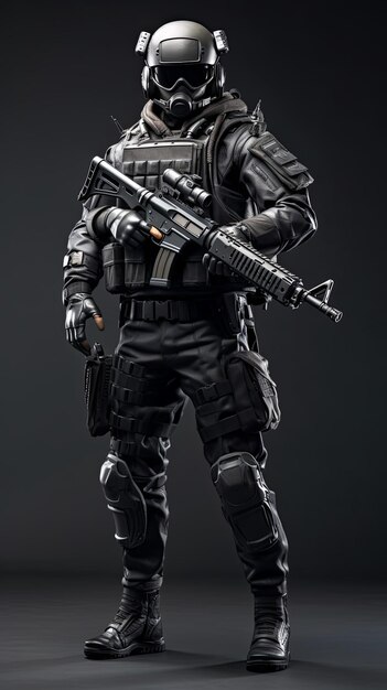 Foto soldado de la unidad de élite vestido completamente de negro