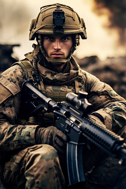 Foto soldado uniformado desplegado en una zona de guerra en una misión